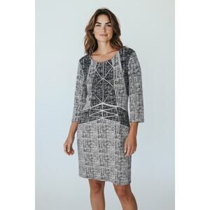 Antonio Melani Black White Textured Sheath Dress Mesh Panels Size 8